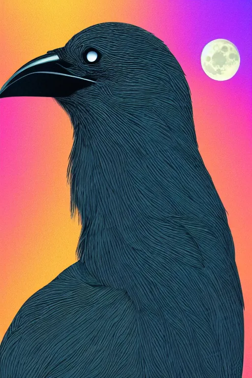 Image similar to close up portrait of a crow in front of the full big moon, colorful vector graphic, .eps, .ai, Adobe Illustrator, clear lines and clear shapes, intricate, 8k highly professionally detailed, HDR, CGsociety