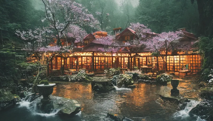 Prompt: a Sophia Coppola 35mm film still of a very surreal magical European castle style cabin with a bookstore cafe behind a lush waterfall, falling cherry blossoms pedals, in the style of Gucci and Wes Anderson glowing lights and floating lanterns, foggy atmosphere, rainy, moody, muted colors, magic details, very detailed, 8k, cinematic look