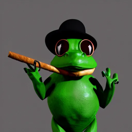 Image similar to a high quality photo of an antropomorphic frog wearing a suit smoking a cigar cigar cigar cigar, 3d scene, render, ultra realistic, artstation, cgsociety