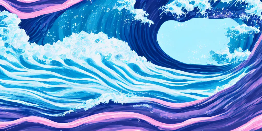 Prompt: blue purple and pink colored ocean waves rolling into the beach that look like the great wave off Kanagawa, high resolution, 8k