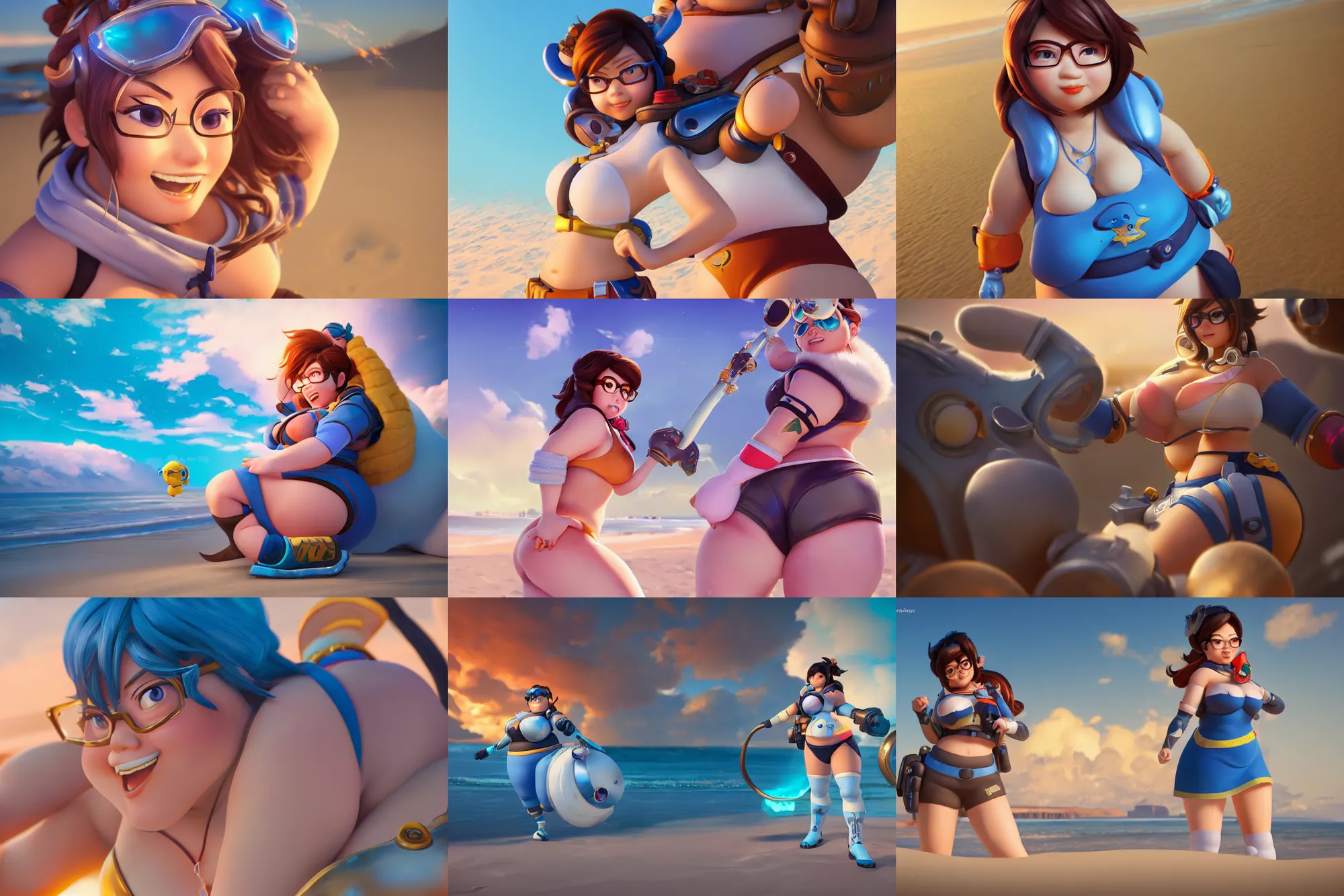 Prompt: hyperdetailed mei from overwatch as a disney pixar character, hd texture, beautiful 3D render, 8k, octane render, soft lighting, hyperrealistic, at the beach, sharp focus, golden hour, specularity, reflections, Mei-Ling Zhou, chubby