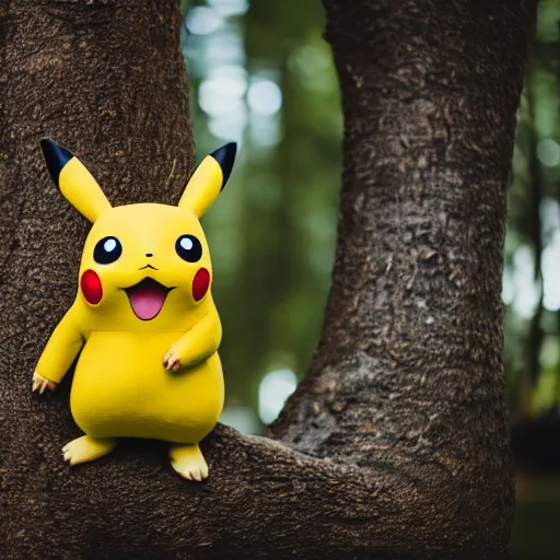 Prompt: high quality photo of pikachu hiding behind a tree, photography 4k, f1.8 anamorphic, bokeh, 4k, Canon, Nikon