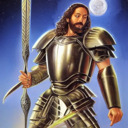 Prompt: full body portrait of Jesus wearing futuristic battle armor with a Damascus sword by boris vallejo