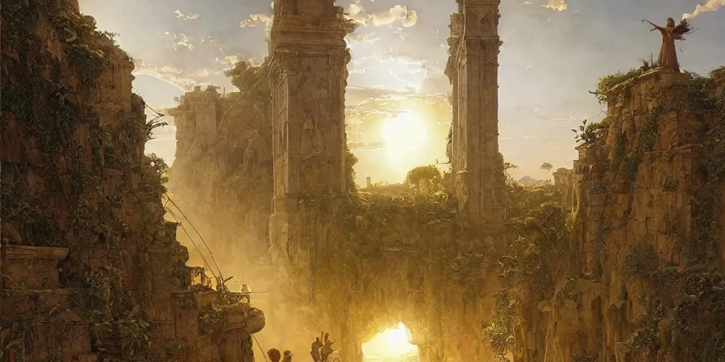 Image similar to tons of people jumping off of a huge biblical tower, golden ratio composition, sense of awe, art by ferdinand knab, greg rutkowski, john william waterhouse, religious, sunlight, highly detailed, intricate details