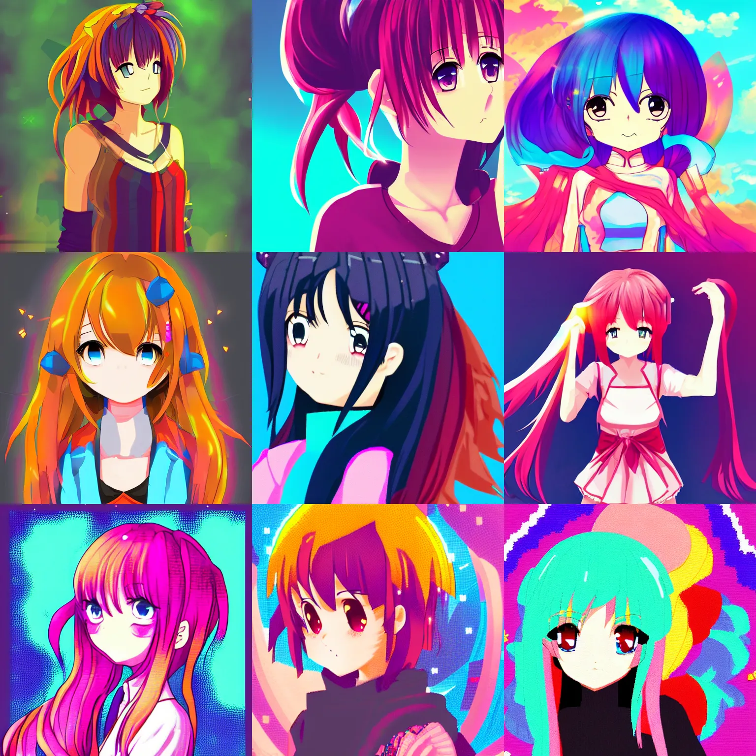 Prompt: anime girl, colorful, fantastic lighting, pixel art, 1 6 bits, 2 d