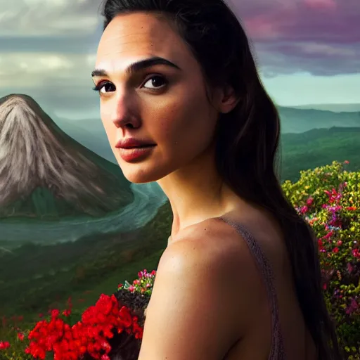 Image similar to Portrait of the beautiful woman Gal Gadot, she is posing, she has a crown of flowers, she is sitting on a rock at the side of a volcano, there is fog, she is getting ulluminated by the rays of the sunset, the photo was taking by Steve McCurry, matte painting, oil painting, naturalism, 4k, 8k