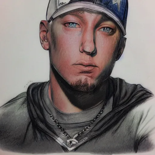 Image similar to color pencil sketch of Eminem, Yoji Shinkawa