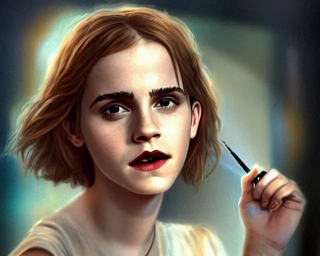 Image similar to emma watson as sherlock biting a cigarette pipe, airbrush art, drew struzan illustration art, key art, movie poster