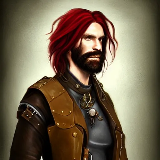 Prompt: portrait of a rugged!!!! male captain with long red hair!!!!!!, upper body, flowing hair, ethereal, handsome, leather coat, Steampunk airship!!!!!!!, D&D, fantasy, simple clothing!!!!, elegant, highly detailed, digital painting, deviantart, artstation, concept art, sharp focus, illustration, art by Artgerm and Greg Rutkowski and Alphonse Mucha
