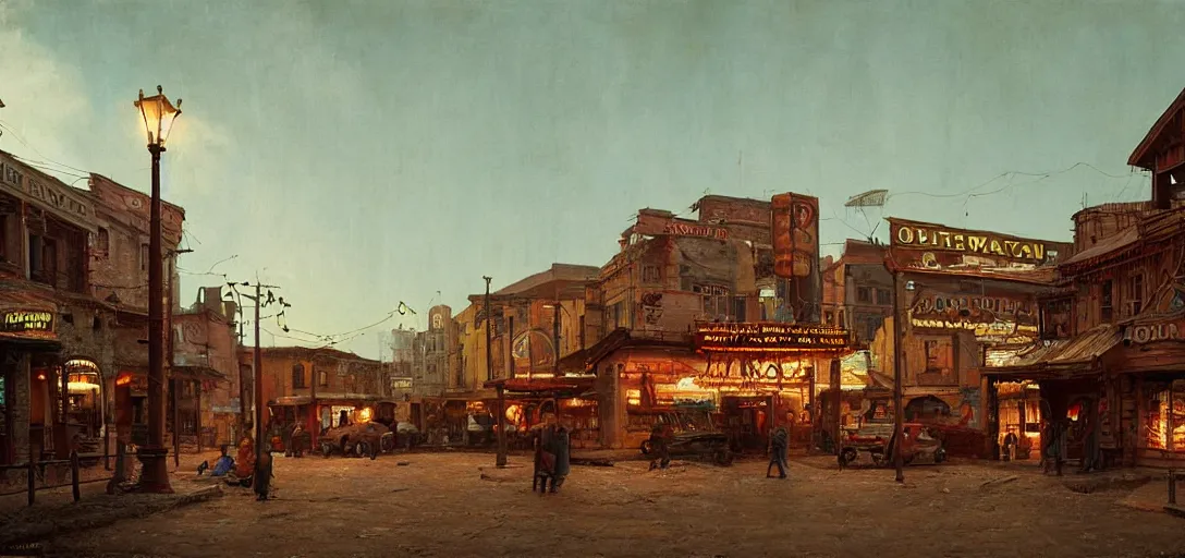 Prompt: from a movie scene, painting of a western saloon exterior in old town, roman architecture, bright lights, beksinski, gregory crewdson, cinematic wide shot