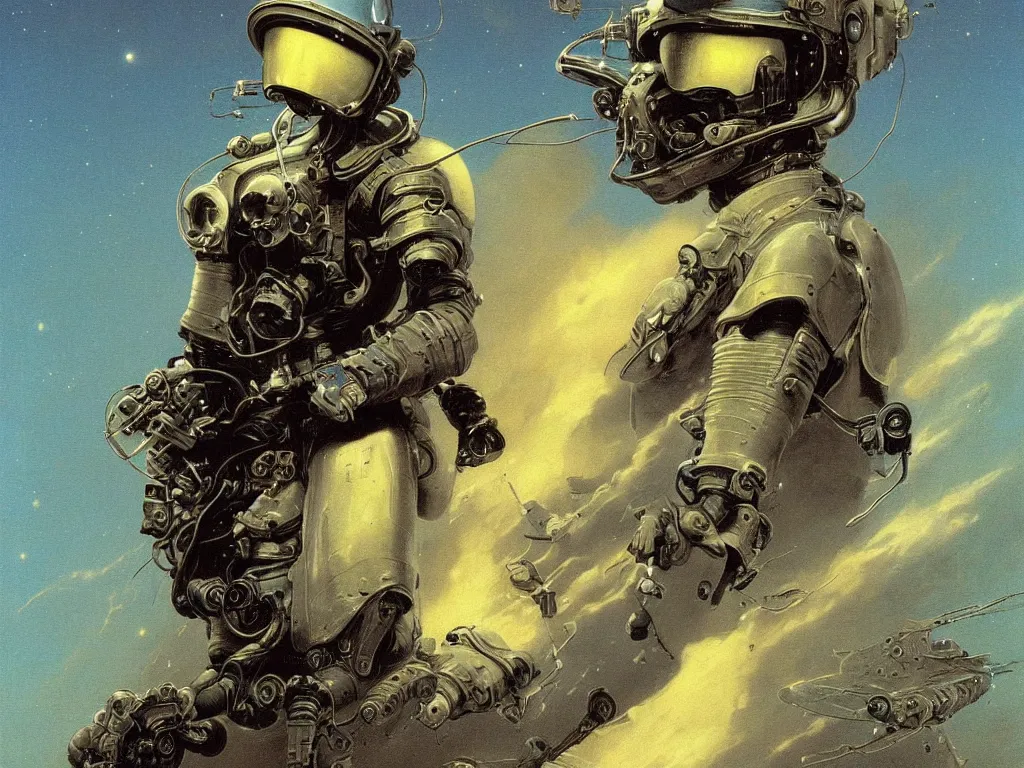 Prompt: a detailed portrait painting of a science fiction pilot in combat armour and visor. Smoke. cinematic sci-fi poster. Cloth and metal. Flight suit, accurate anatomy portrait symmetrical. science fiction theme with lightning, aurora lighting clouds and stars. Futurism by beksinski carl spitzweg moebius and tuomas korpi. baroque elements. baroque element. intricate artwork by caravaggio. Oil painting. Trending on artstation. 8k