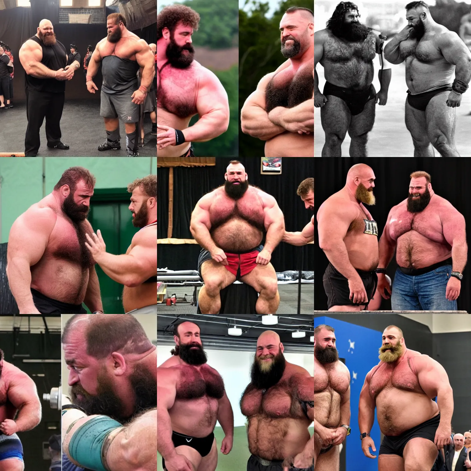 Prompt: big burly hairy manly strongmen comparing who got the biggest