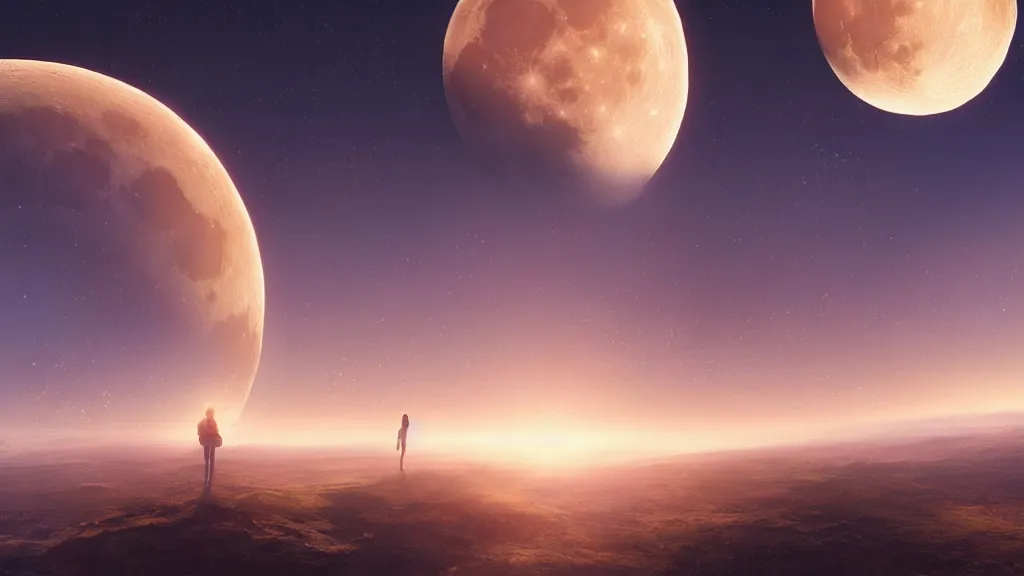 Image similar to the moon falls on the earth, there are three suns in the sky, art by Jessica Rossier,