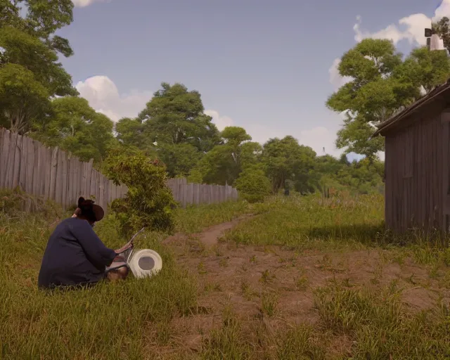 Image similar to of a very beautiful scene. ambient occlusion render. a sweet fat old woman is painting a pastoral landscape on the wall. hyper realistic. 4 k. wide angle. wild. symmetrical face, red mouth, blue eyes. deep focus, lovely scene. ambient occlusion render. concept art. unreal engine.