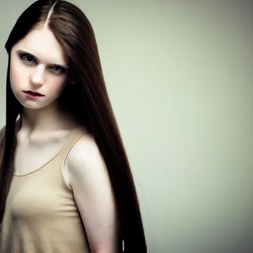 Prompt: beautiful young woman with long straight dark hair, pale skin, brown eyes portrait, photograph, intricate complexity, rule of thirds, dramatic lighting dark background