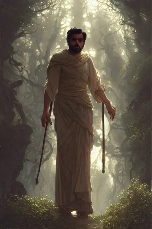 Image similar to Oscar Isaac, druid, cleric, flame spell, D&D, fantasy, intricate, cinematic lighting, highly detailed, beautiful, digital painting, artstation, masterpiece, concept art, smooth, sharp focus, illustration, art by Artgerm and Greg Rutkowski and Alphonse Mucha and william-Adolphe Bouguereau