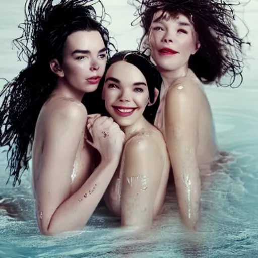 Image similar to stunning vogue magazine photo of dark - haired goddesses vanessa kirby, hailee steinfeld, and bjork smiling, legs intertwined, in a bubble bath, with wet faces!!, wet lips, smooth skin, perfect eyes, insanely detailed, elegant, by wlop, rutkowski, livia prima, mucha, wlop,