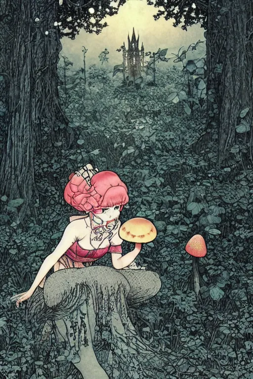 Image similar to princess peach finding a mushroom. masterpiece 4k digital design by Takato Yamamoto, award winning, Artstation, Takato Yamamoto aesthetic, Neo-Gothic, gothic, forest on background, intricate details, realistic, hyperdetailed, 8k resolution