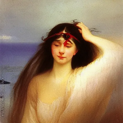 Image similar to a young woman’s face, her hair is white, her face is partially covered with a flowing blue satin blindfold, she is wrapped in windblown flowing red silk, by ivan aivazovsky and alma tadema and and willen claesz heda and aelbert cuyp and gerard ter borch