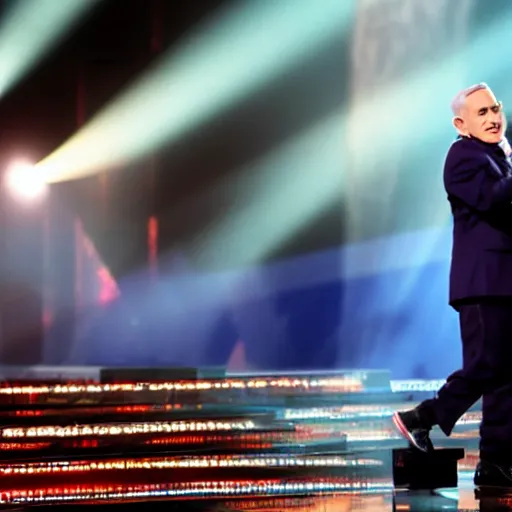 Image similar to photograph of benjamin netanyahu on stage singing in the eurovision representing israel, stage lighting, sharp focus, cinematic composition, wide shot, highly detailed