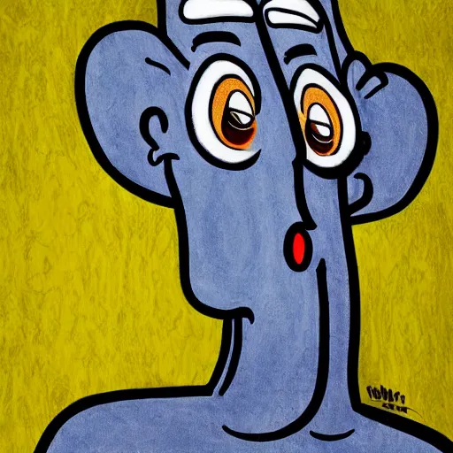 Image similar to cartoon style, strong chin, big lips, handsome squidward portrait, vivid colors