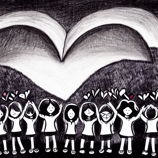 Image similar to teaching, primary school on a hill, hearts, friendship, love, sadness, dark ambiance, concept by godfrey blow, featured on deviantart, drawing, sots art, lyco art, artwork, photoillustration, poster art