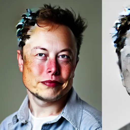 Image similar to A portrait photo of Elon Musk teams up with a teenage Elon Musk, perfect faces, 50 mm, award winning photography