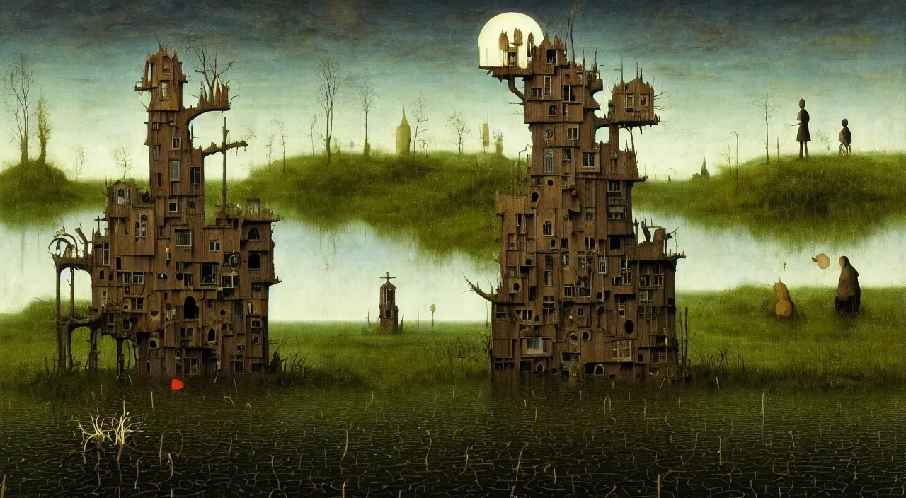 Image similar to single flooded simple!! fungus wooden tower, very coherent and colorful high contrast ultradetailed photorealistic masterpiece by franz sedlacek hieronymus bosch dean ellis simon stalenhag rene magritte gediminas pranckevicius, dark shadows, sunny day, hard lighting