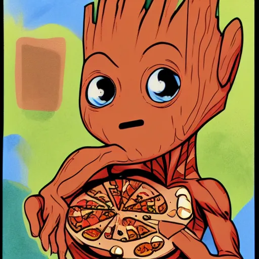 Prompt: Baby Groot eating a pizza