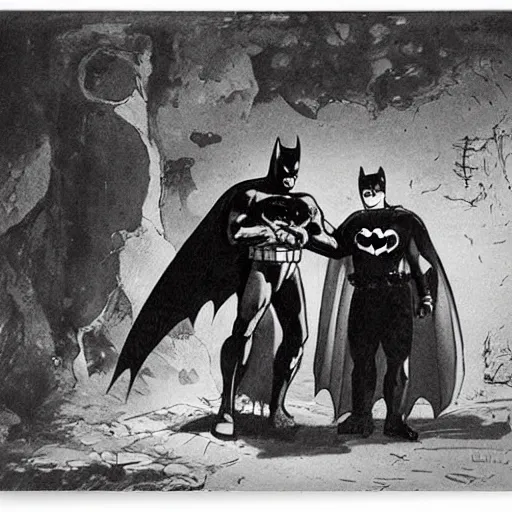 Image similar to batman and robin in the batcave by goya