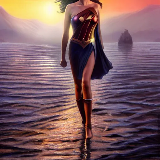 Prompt: Portrait of the beautiful woman Gal Gadot, she is posing, she is walking on a river, she is getting ulluminated by the rays of the sunset, the photo was taking by Steve McCurry, matte painting, oil painting, naturalism, 4k, 8k