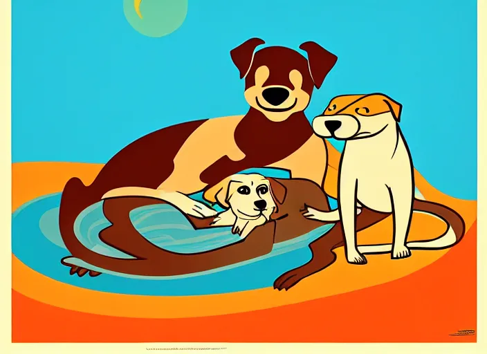 Prompt: dog and otter relaxing, colorful,modern art deco, disney poster, editorial illustration, detailed,