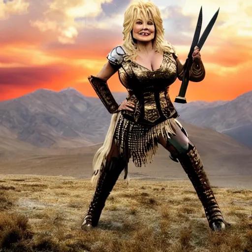 Prompt: Dolly Parton as a leading warrior, wearing Spartan leather armor, cinematic, photography, promotional advertising, rocky mountain range, sunset background