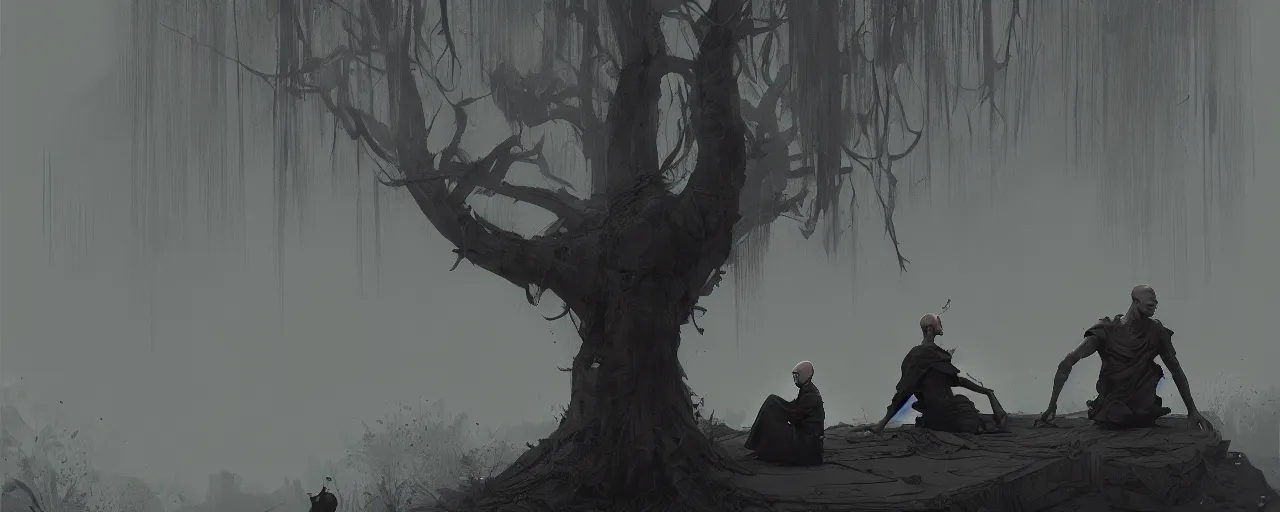 Prompt: duotone noir illustration of bald merchant demon sitting below willow tree in medieval brown tunic. foggy evening. dark dream atmosphere, by sachin teng and sergey kolesov and ruan jia and heng z. graffiti art, scifi, fantasy, hyper detailed. octane render. concept art. trending on artstation