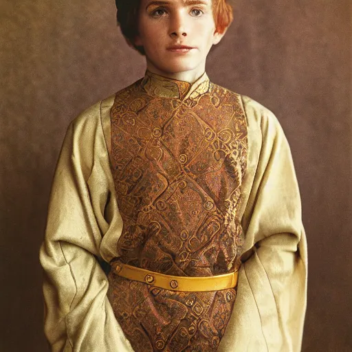Prompt: A regal close-up, studio photographic portrait of a young man with auburn hair and freckles wearing a purple gilded medieval byzantine tunic, neutral flat lighting, overcast, hard focus, shot on a Sigma 135mm camera, featured in life magazine