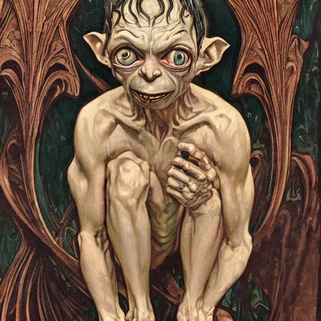 Prompt: a painting of gollum, art nouveau, detailed 8 k, from 1 9 2 7, beautiful