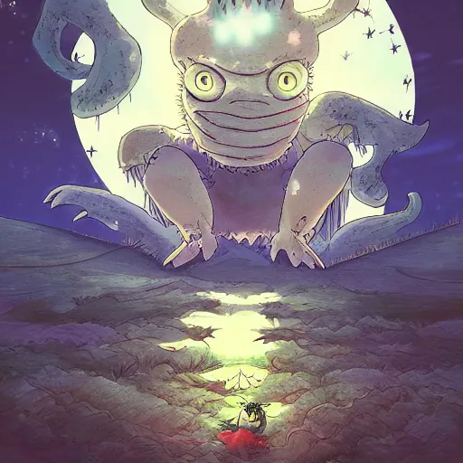 Prompt: friendly monster made by Hayao Miyazaki, studio ghibli artstyle, night, stars, beautiful scene, smooth, detailed, high detail,high quality, 8k anime, detailed , detailed monster, long tail, lighting