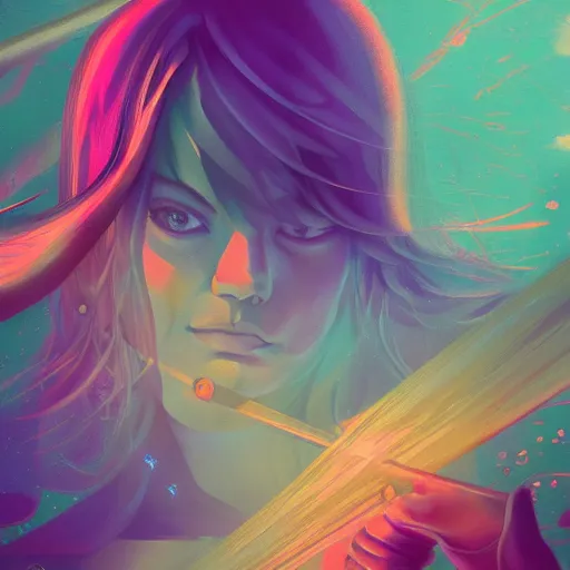 Prompt: Emma Stone with katana swimming in chromatic distortions in misty mysterious astral temple, beautiful, psychedelic, lsd, trending on artstation, omnious, soft, artwork by Tran, Ross