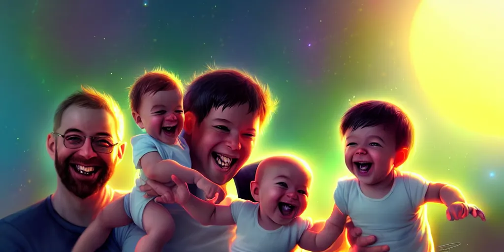 Prompt: epic professional digital art of a happy baby boy with his two fathers, best on artstation, cgsociety, wlop, cosmic, epic, stunning, gorgeous, much detail, much wow, masterpiece, backlight