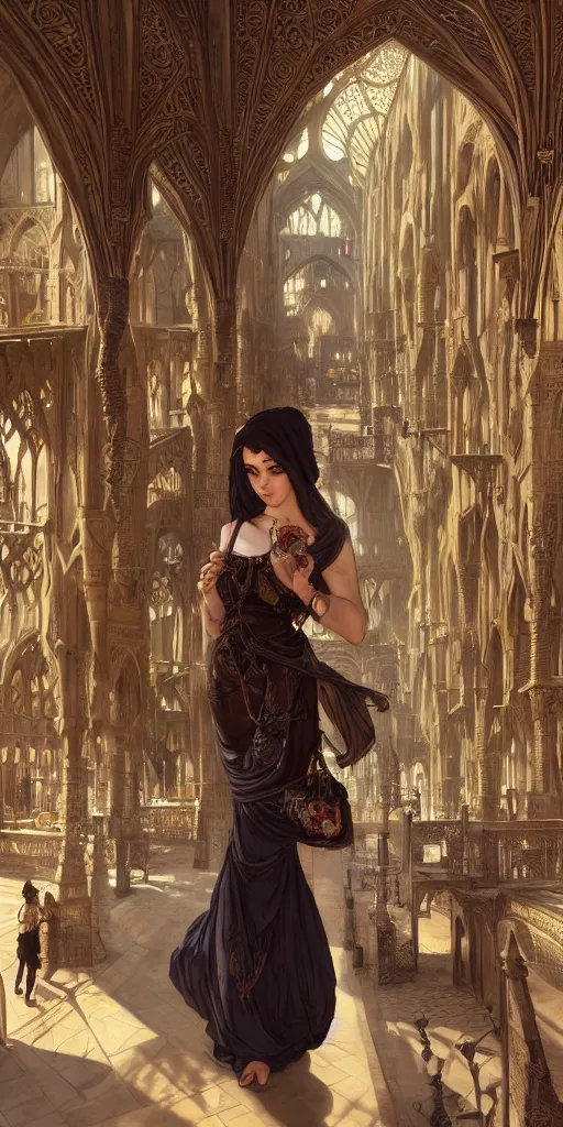 Image similar to beautiful woman shopping in twisted arabian market victorian buildings, gothic, ancient, sand, intricate, highly detailed, digital painting, artstation, concept art, smooth, sharp focus, illustration, Unreal Engine 5, 8K, art by artgerm and greg rutkowski and alphonse mucha