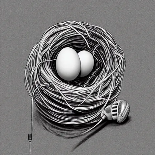 Image similar to Pencil sketch of a bird nest made out of earphones and earphone cables, eggs, detailed, professional art
