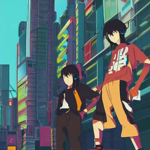 Prompt: twin japanese anime boys, short boys, long black hair, headphones, black clothes, rollerblades, cel - shading, 2 0 0 1 anime, flcl, jet set radio future, futuristic city, japanese city, colorful buildings, cel - shaded, strong shadows, vivid hues, y 2 k aesthetic, art by artgerm