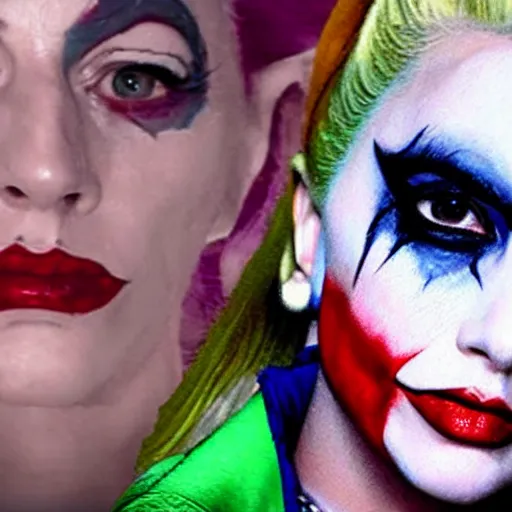 Prompt: Longshot movie still film photo of Lady Gaga as Harley Quinn in the movie The Joker 2019