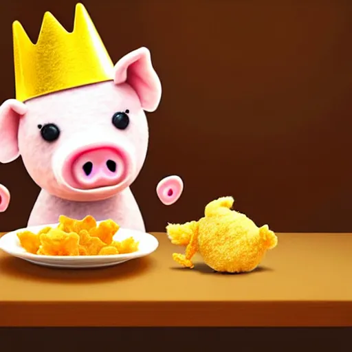 Image similar to realistic photo of a cute felt stuffed animal pig wearing a gold crown eating a bowl pork rinds and pickles at table with a bib on, high quality, cinematic concept art