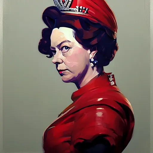 Image similar to greg manchess portrait painting of queen elizabeth ii as overwatch character, medium shot, asymmetrical, profile picture, organic painting, rainy day, matte painting, bold shapes, hard edges, street art, trending on artstation, by huang guangjian and gil elvgren and sachin teng