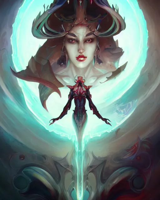 Image similar to portrait of a beautiful demonic cybernetic emanation, by pete mohrbacher and artgerm and wlop, digital art, highly detailed, intricate, fantasy, mystical, sharp focus, Trending on Artstation HQ, deviantart, unreal engine, 4K UHD image