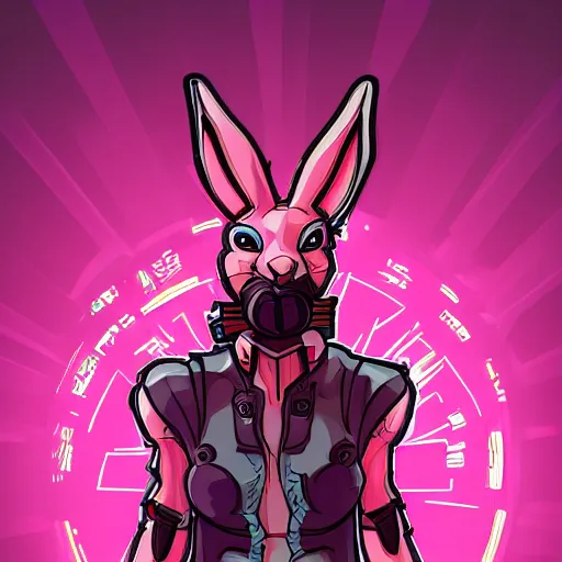 Image similar to cyberpunk pink easter bunny as the leader of a futuristic communist nation, cybernetics, sharp lines, digital, artstation, colored in