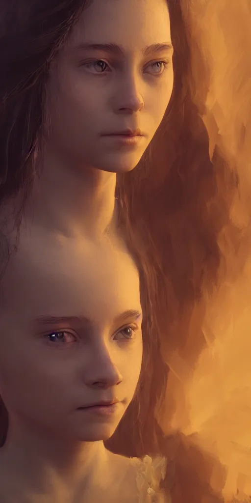 Image similar to cinematic portrait of a young girl in crown, goddess of endless transgression of life and death in paradise, photorealism concept art trending on artstation, glowing light 8 k