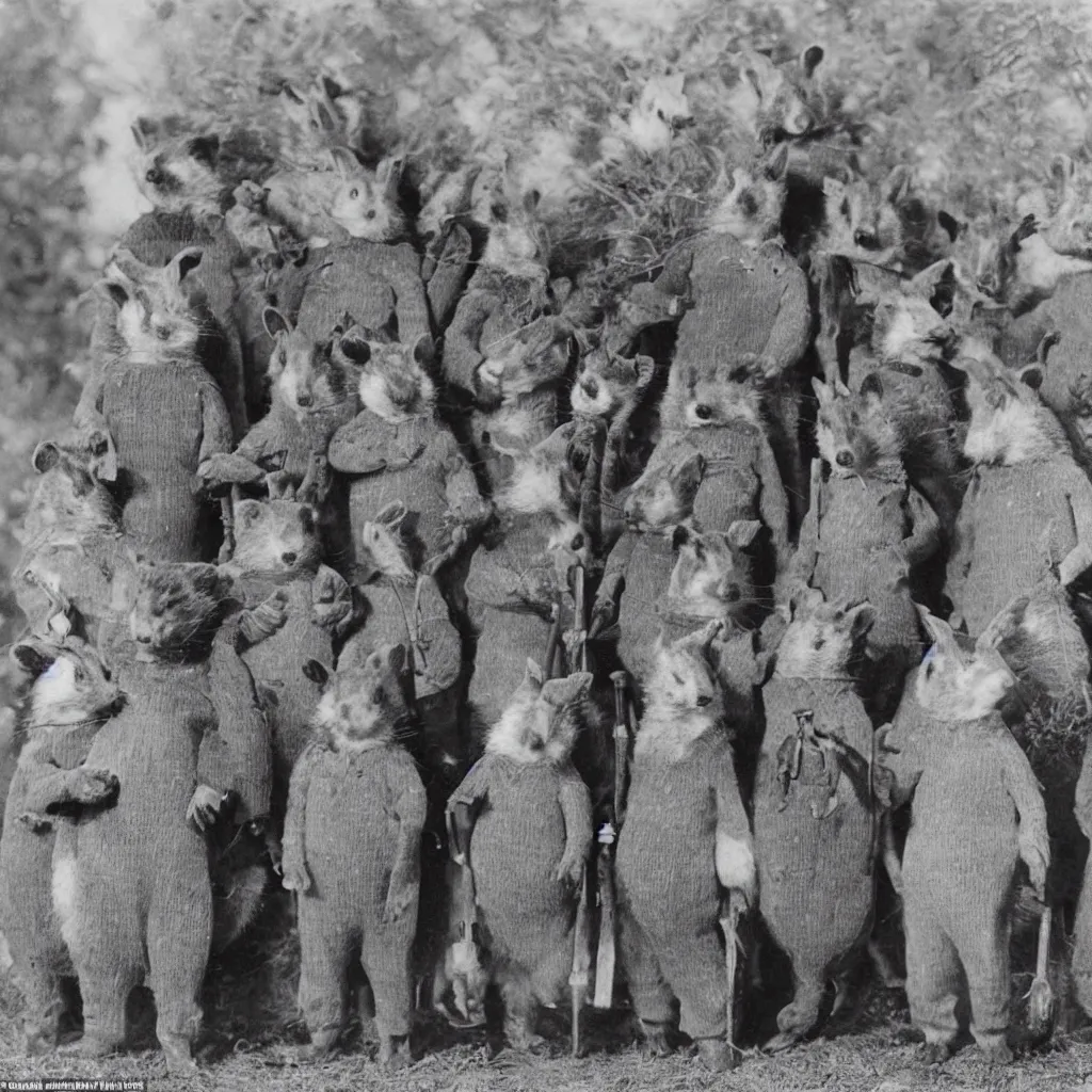 Image similar to a group of badgers in 1 9 4 0 s suits, standing upright like people, anthropomorphic, style of beatrix potter, rendered as a highly detailed photograph