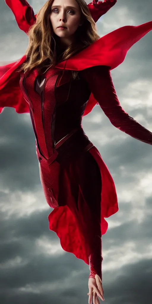 Prompt: Elizabeth Olsen as the Scarlet Witch, floating in the air with red eyes, red magic surrounds her, Trending on arstation, 8k, photorealistic imagery